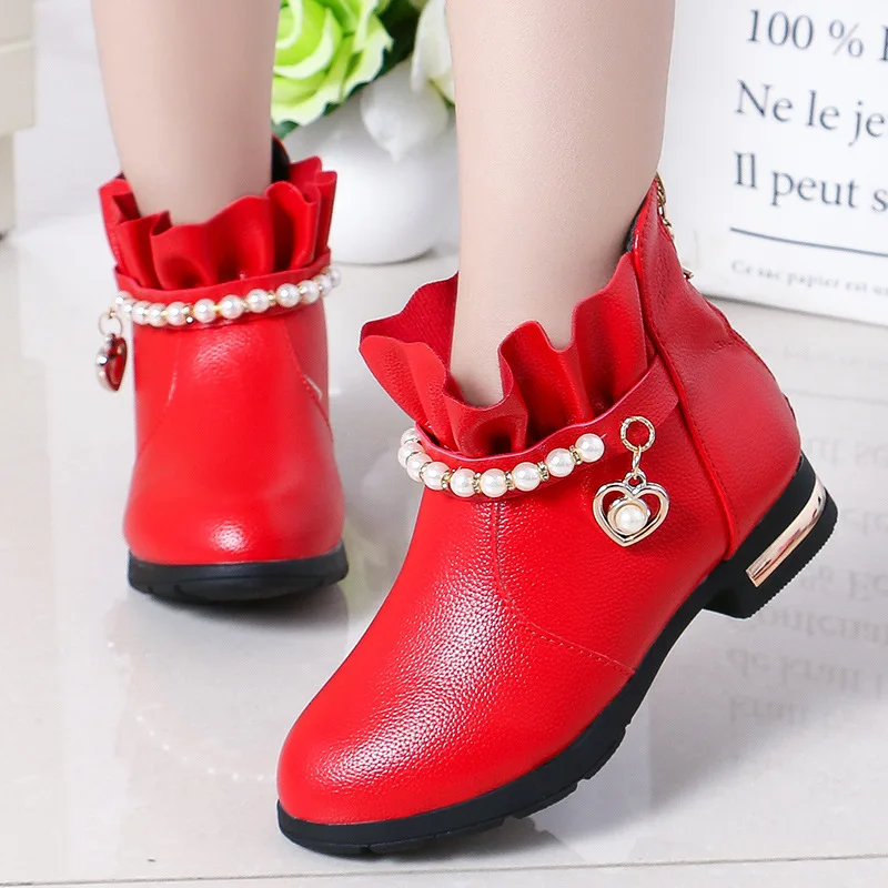 

Flower Children Beaded Princess Shoes For Big Girls High Heeled Ankle Snow Boots Leather Shoes New 2020 5 6 7 8 12 13 Years old