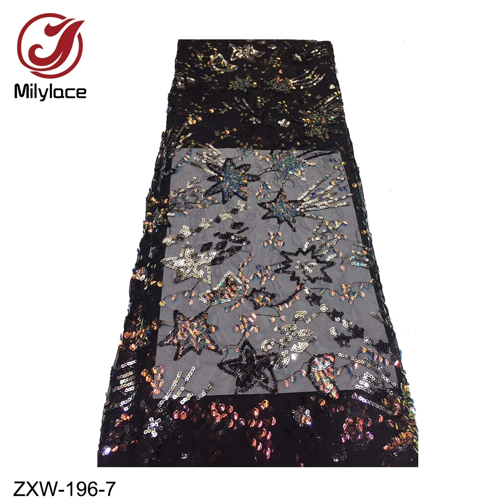 

Milylace shiny sequins lace fabric beautiful French lace fabric wirh sequined stars net lace 5 yards for party dresses ZXW-196