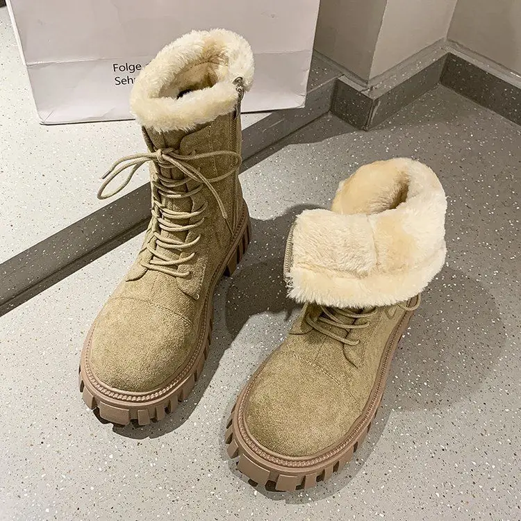 

Замшевые плюшевые сапоги для снежной погоды, женские модные сапоги до середины икры, женская зимняя мотоциклетная обувь, Теплые повседневн...