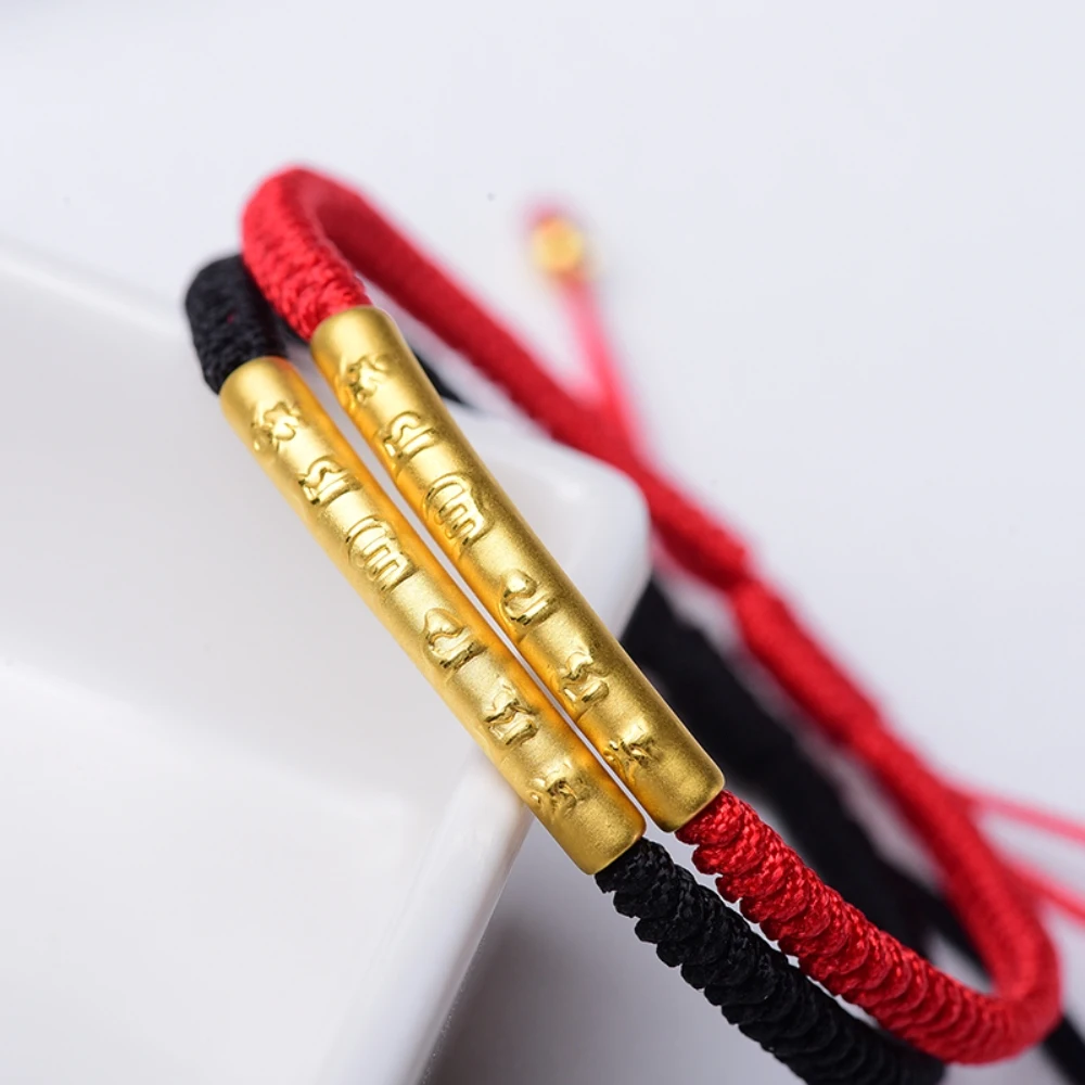 

999 Pure 24K Yellow Gold Bracelet Woman Man 3D Craft Six-word Motto Weave Bracelet / Fine Jewelry