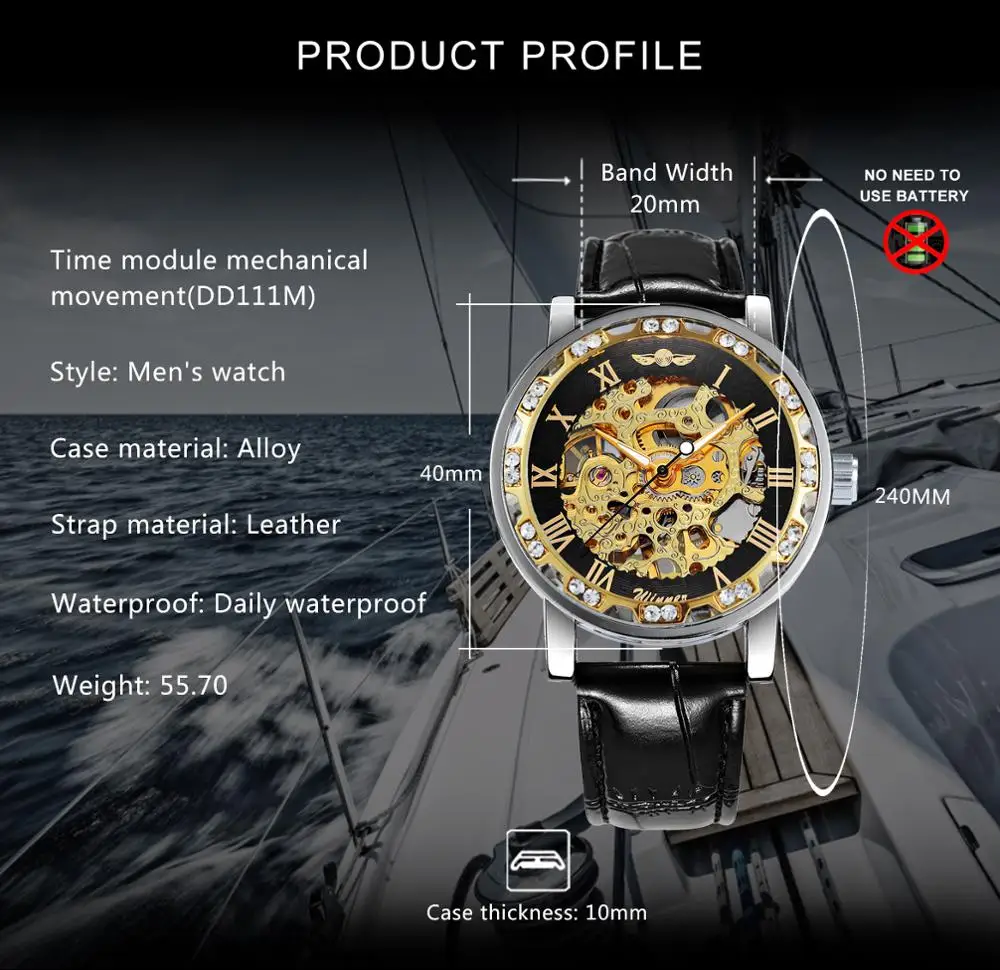 WINNER королевские золотые часы с римскими цифрами мужские механические скелетом