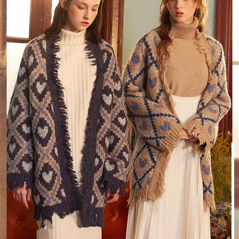 V-Neck Knitted Geometric Plaid Cardigan Women New Loose Plus Size Sweater Coat |