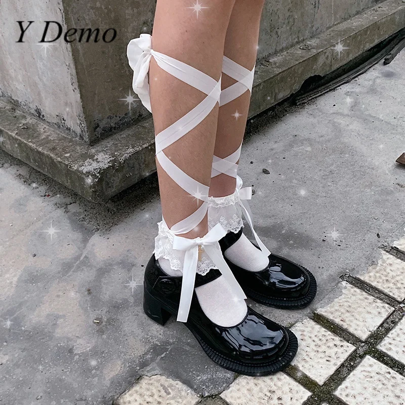 Y Demo Sexy Lace Up Ruffles Women Lolita Socks Gothic Hollow Out Ribbons Socks Girls 2020