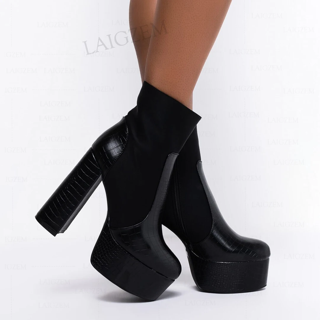 

BERZIME Ankle Platform Boots Block High Heels Silp On Patchwork Booties Height Increase Black Shoes Woman Large Size 38 39 41 43