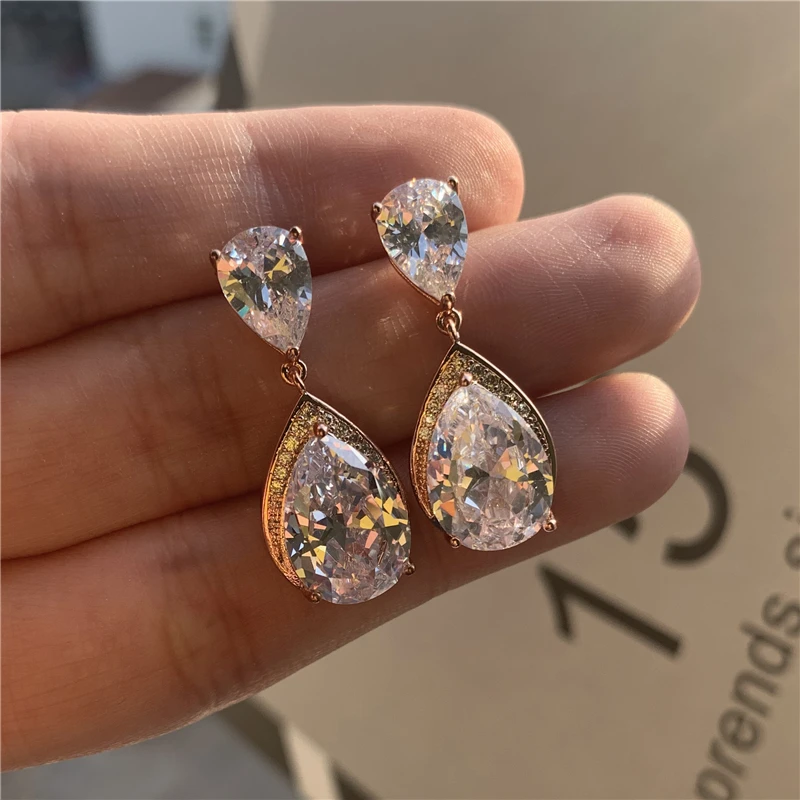 

Charm Female Crystal Stone Earrings Rose Gold Silver Color Dangle Earrings For Women Vintage Geometric Drop Wedding Earrings