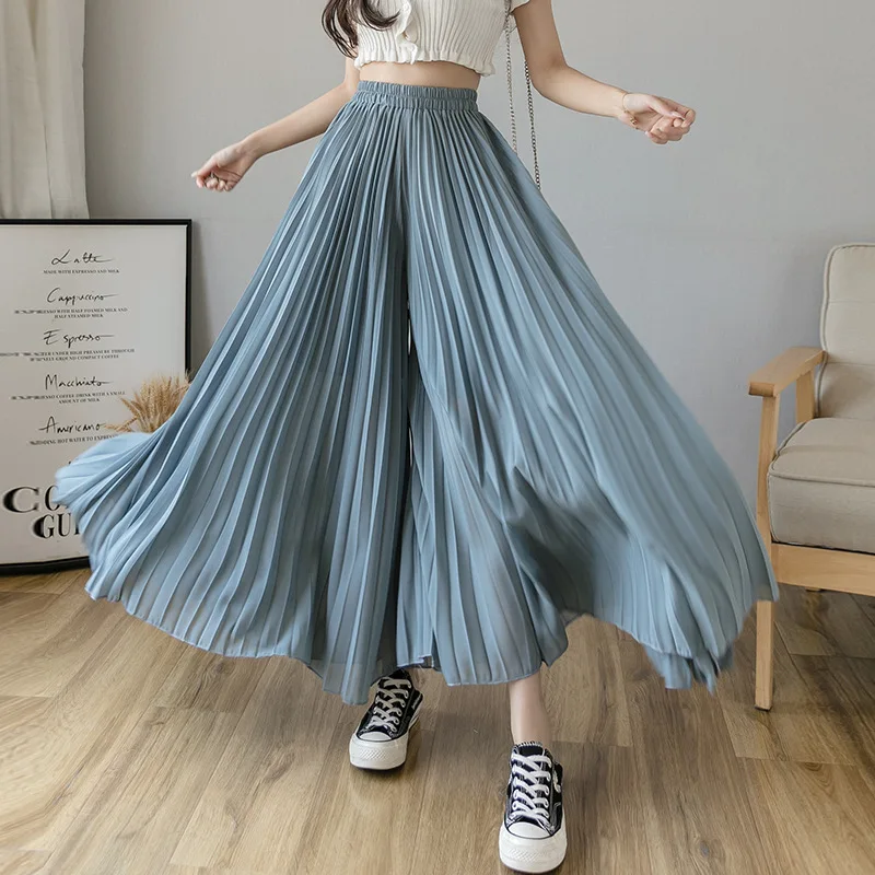 

2021 Stylish Pleated Skirt Pants For Women Loose Chiffon Wide Leg Pants High Waist Elastic Pleated Comfy Pants Брюки Женские New