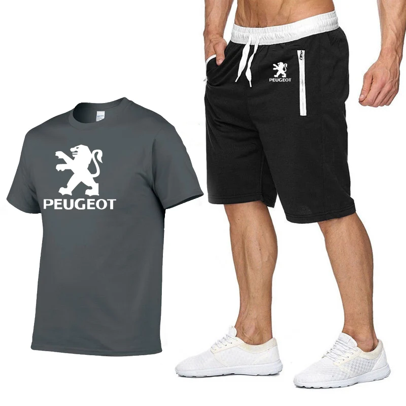 

Summer Men's T-Shirt Peugeot Car Logo Printed casual trend High Quality Cotton Men's short sleeve + shorts 2-piece set