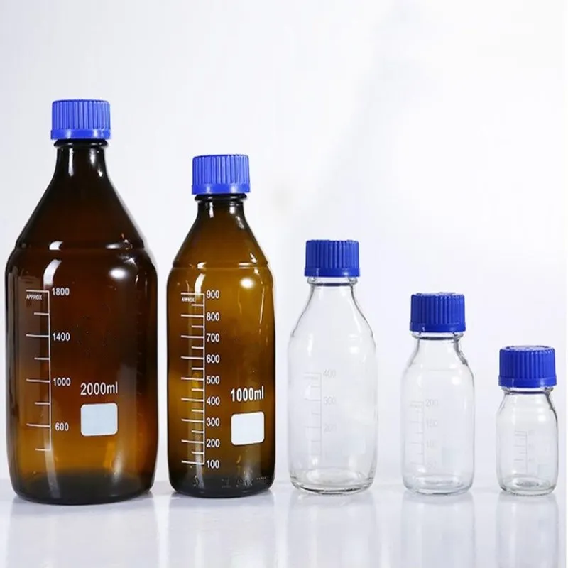 

Reagent bottle glass thickened, transparent, brown screw mouth sealed, chemical laboratory big small blue cap bottle