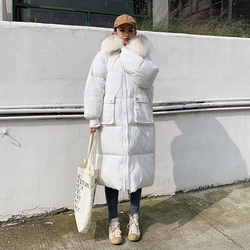 Solid Fur Hooded Long Down Coat Women Harajuku Winter Loose Windproof Thicken Down Jackets Female Korean Plus Size Parka Coats
