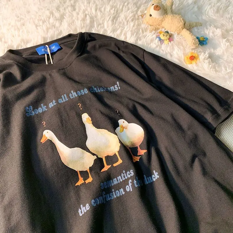 

Футболка с забавным принтом утки для мужчин и женщин, шикарный трендовый топ в гонконгском стиле оверсайз с короткими рукавами для влюбленн...