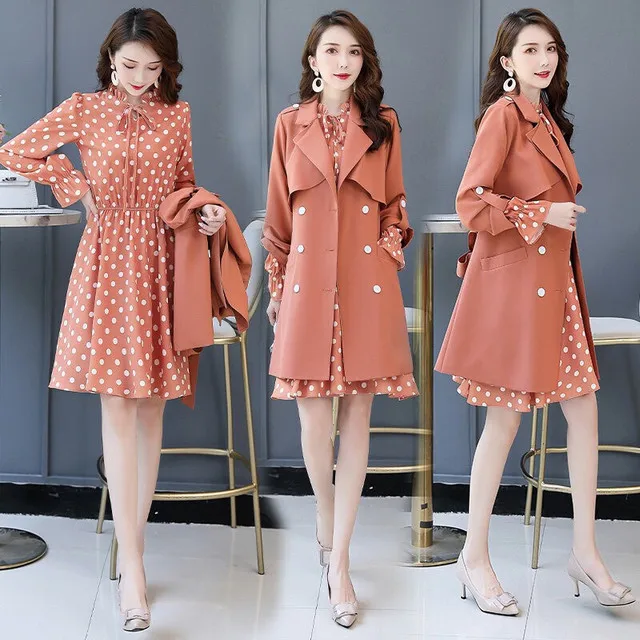 Женское Платье До Колена, костюмы для женщин, одежда для офиса, длинный Тренч, пальто и платье, комплект из 2 предметов, одежда для женщин, официальные платья, костюм