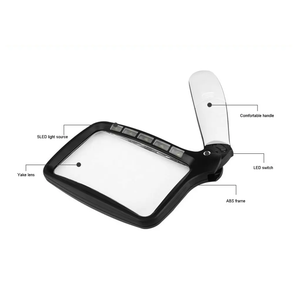 

Rectangular Foldable Handheld 5 Led Reading 2 Dimming Modes Magnifiers Glass For Reading Jewelry Handicrafts