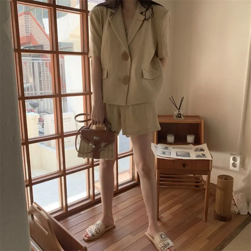 Костюм женский из 2 предметов Тонкий Блейзер цвета хаки хлопка и льна в