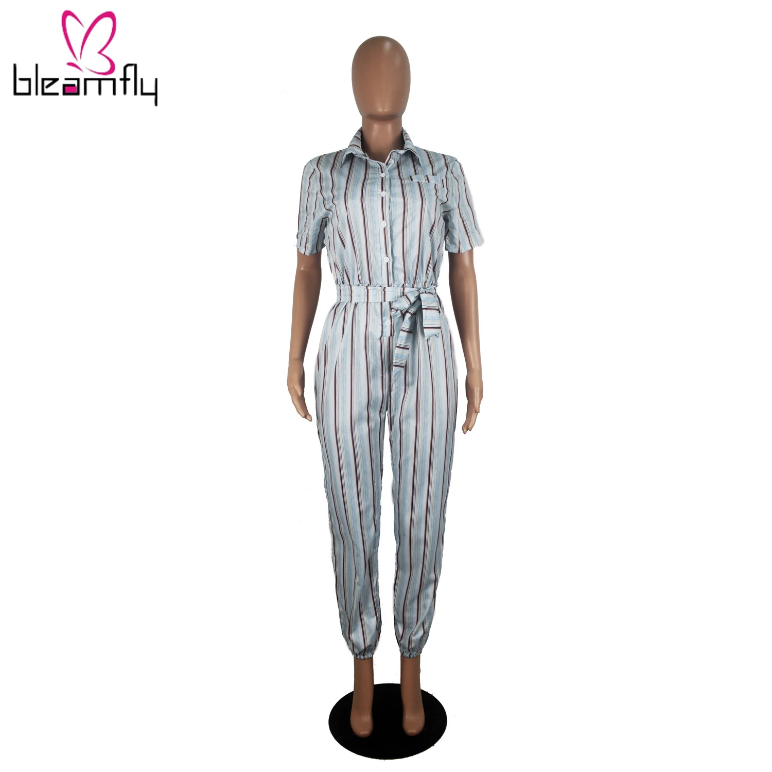 Женский комбинезон в полоску с v образным вырезом коротким рукавом и поясом