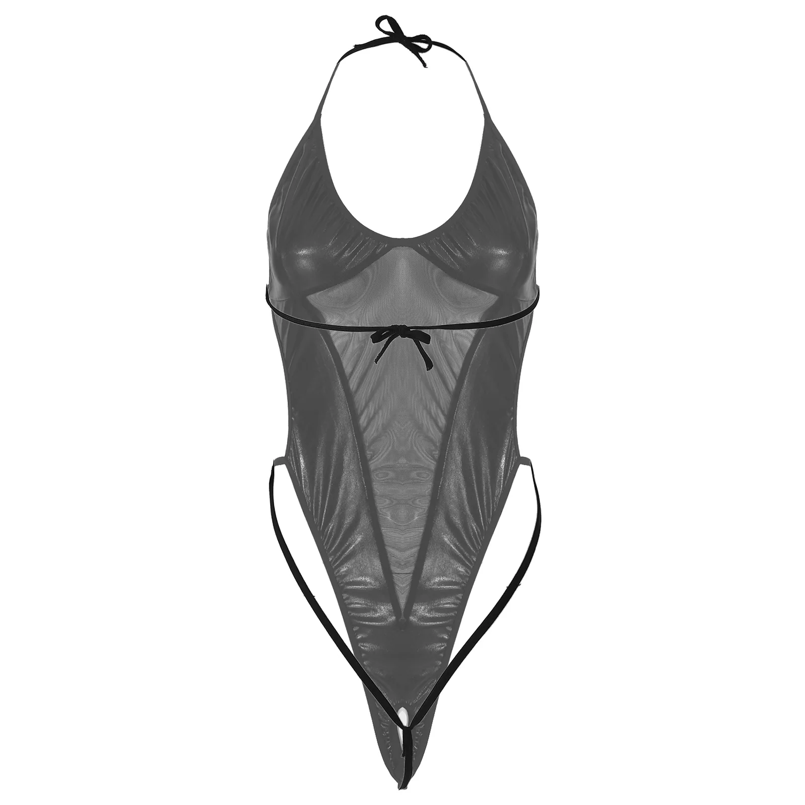 

Womens See-through Mesh Patchwork Bodysuit Wetlook Faux Leather Jumpsuits Lace-up Crotchless Bodycon High Cut Backless Leotard