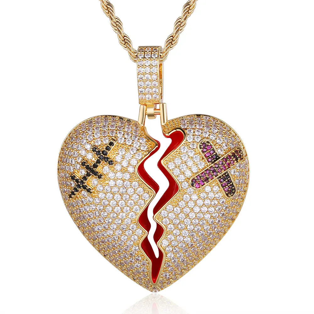 

100% Micro Zircon Hip Hop Dazzling Broken Heart Pendant Necklace For Men Jewelry Custom Accept Zircon Tennis Chain Party