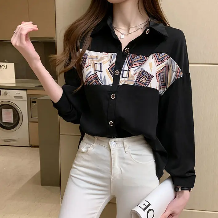 

Shirt women loose Joker 2021 spring new retro printed shirt chiffon top