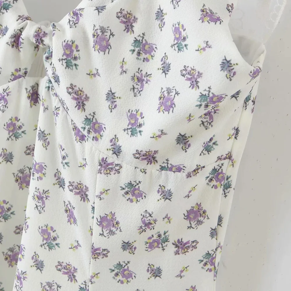 

XEAXY 2021 Summer Women Vintage Chiffon Sweet Flower Print Slim Dress Girl Cute V Neck Casual Lace Stitching Sling Midi Dresses