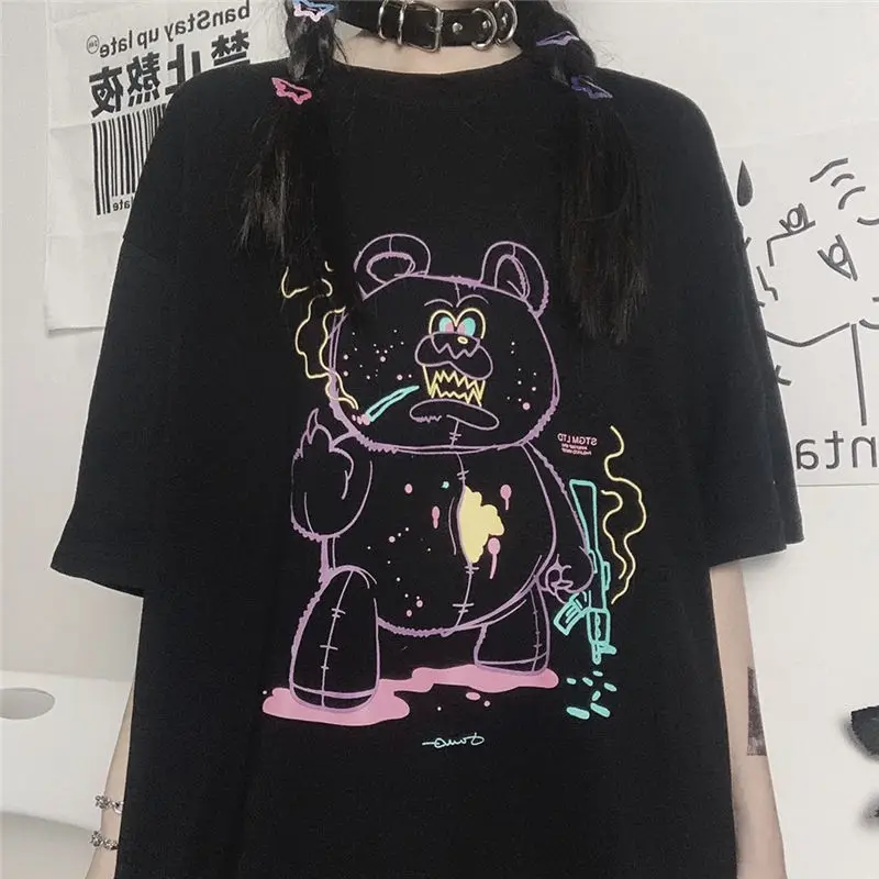 

Black Bear Tshirt Streetwear Kawaii Oversized T Shirt Harajuku Cool Japan Cute Tops Casual Gothic Tshirt Funny Punk Tops Girl