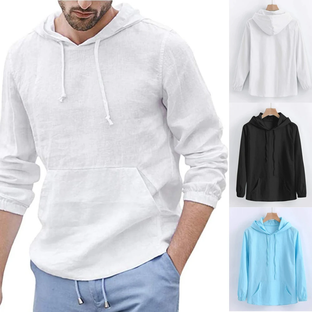 Футболка мужская с капюшоном хлопково-Льняная приталенная дышащая мягкая