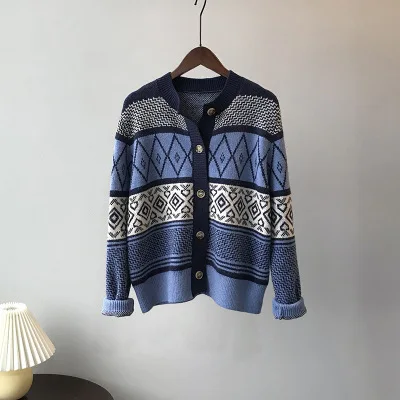 

Vintage Korean Plaid Knitted Women Cardigans Tops Single Breasted O-neck Sweaters Fashion Long Sleeve Ladies Female Cardigans