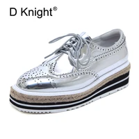 patent leather women platform oxfords brogue flats shoes lace up square toe brand female footwear shoe for women creepers silver