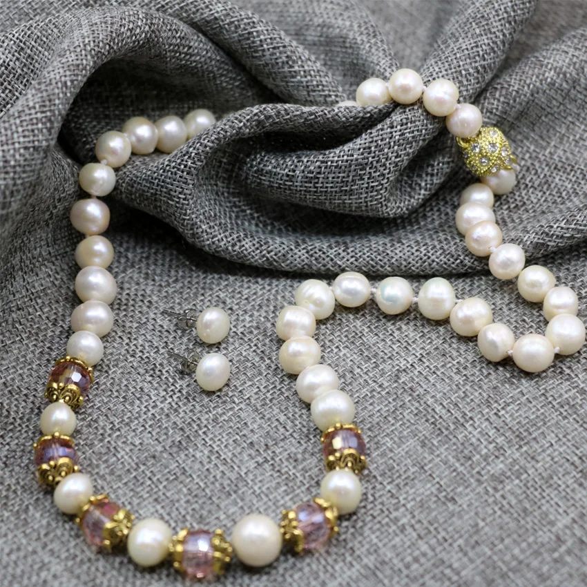 Bohemis style 8-9mm white natural cultured freshwater pearl beads necklace earrings high grade women jewelry set 18inch B3023 | Украшения и