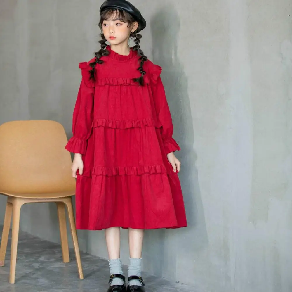 

6Y to 16Y Girls Dress Corduroy Children Clothing 2020 New Mommy and Daughter Midi Dress Kids Princess Dress Ruffles Cotton,#5632