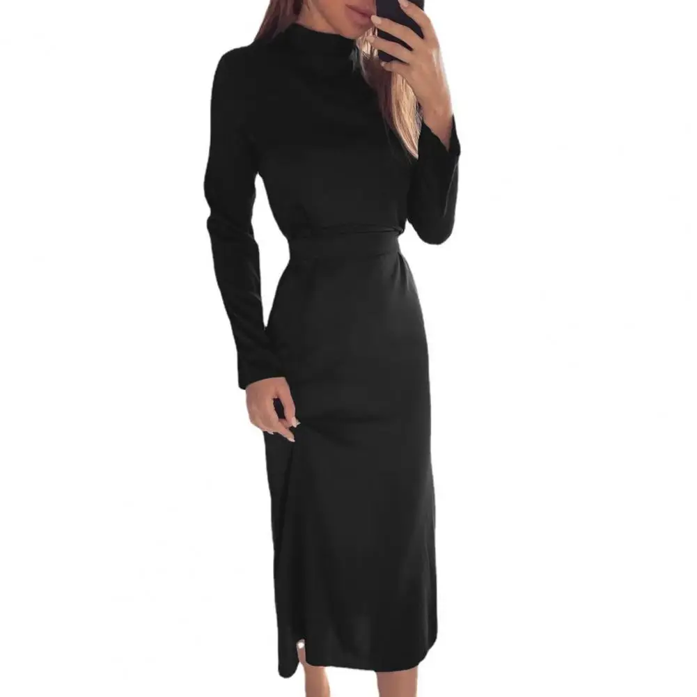 

2021 Casual Lady Dress Solid Color Round Neck Turtleneck Autumn Long Sleeve Lace-Up Waist Tied Comfy Dress Streetwear for Office