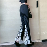 2021 new fall chiffon high waist bell bottom pants casual stitching strap trousers for office lady womens korean flare pants