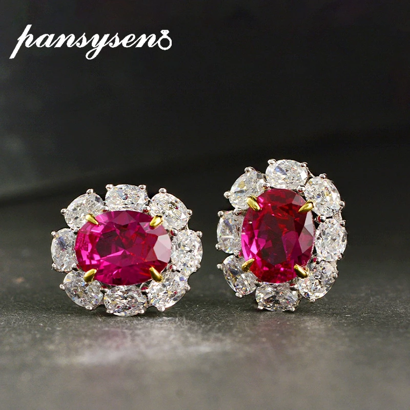

PANSYSEN Top Quality Solid 925 Sterling Silver Ruby Diamond Earrings for Women White Gold Color Stud Earrings Fine Jewelry Gift