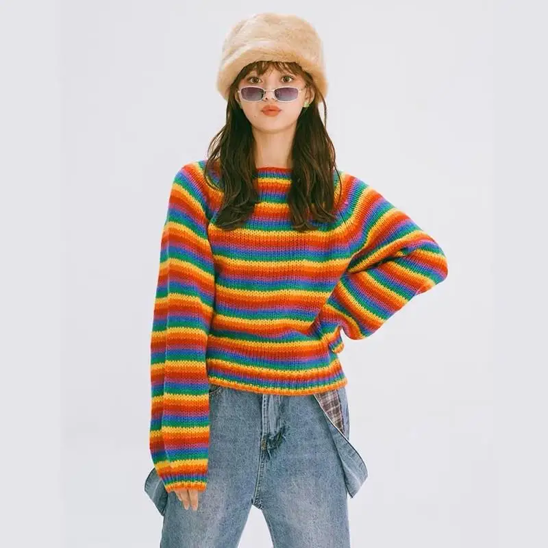 Harajuku полосатый Радужный свитер большого размера с вырезом лодочкой и длинным