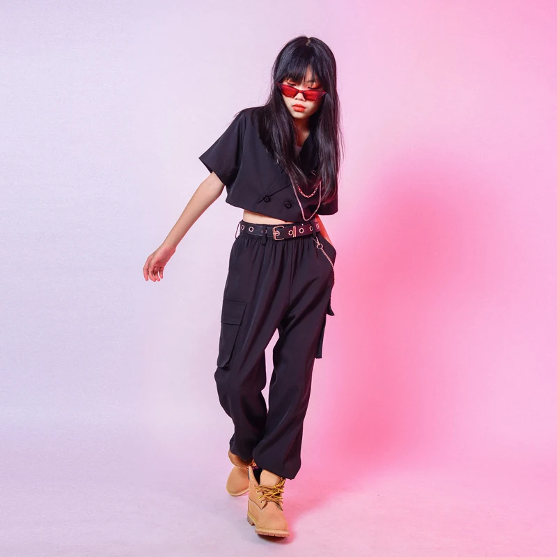 Новинка танцевальные костюмы для девочек в стиле хип-хоп черный топ с коротким