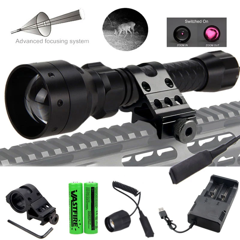 

T50 Zoomable Infrared Flashlight Hunting Torch 850nm IR Night Vision illuminator+Rifle Scope Mount+Switch+2*18650+USB Charger