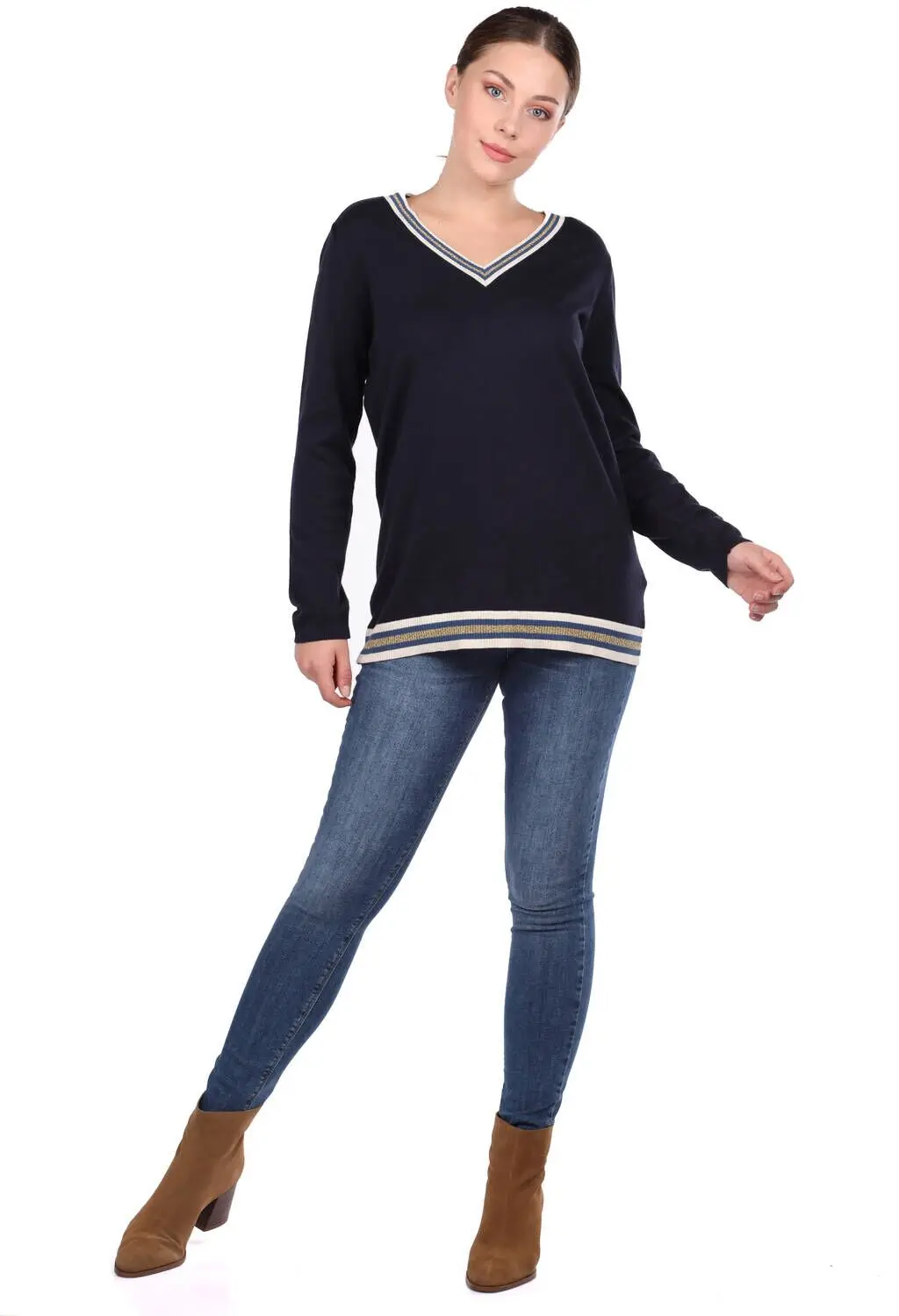 

Navy Blue V Neck Basic Womens Knitwear Sweater