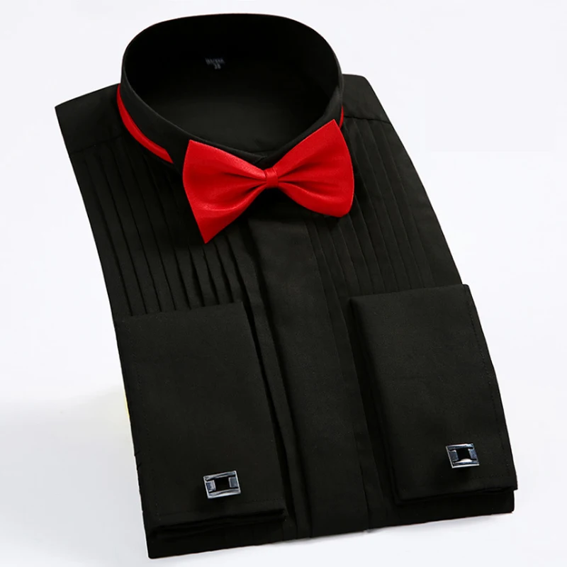 

Classic Winged Collar Dress Shirt Men's Wingtip Tuxedo Formal Shirts with Red Black Bow Tie Party Dinner Wedding Bridegroom Tops