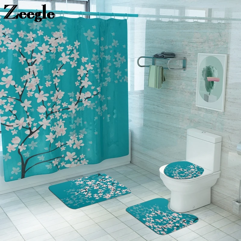 

Waterproof Shower Curtain Floral Print Bath Mat Microfiber Bathroom Carpet Non-slip Floor Rug Set Absorbent Toilet Seat Cushion