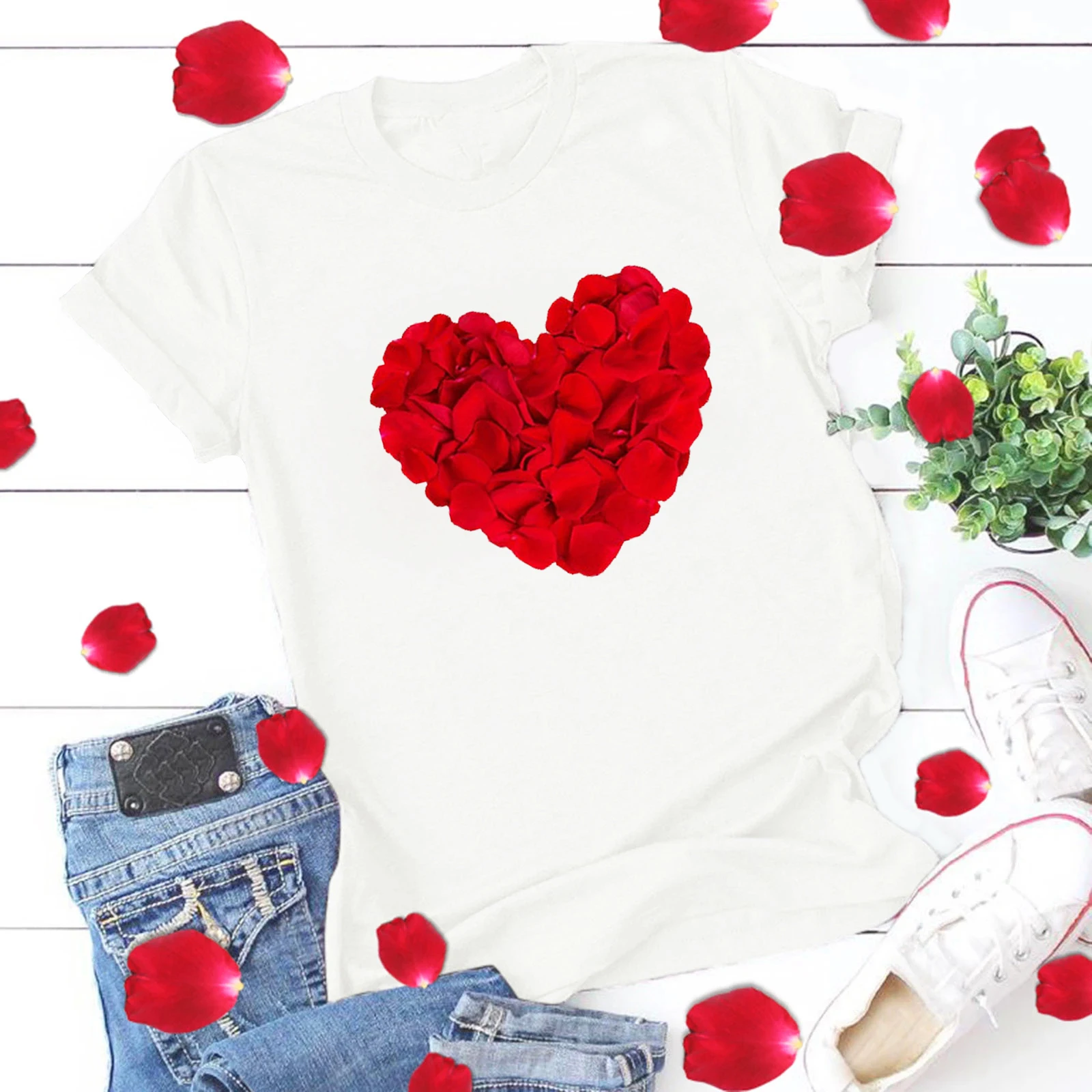 

Женская футболка с цветочным принтом, с круглым вырезом, большого размера, для дня Св. Валентина, размера плюс