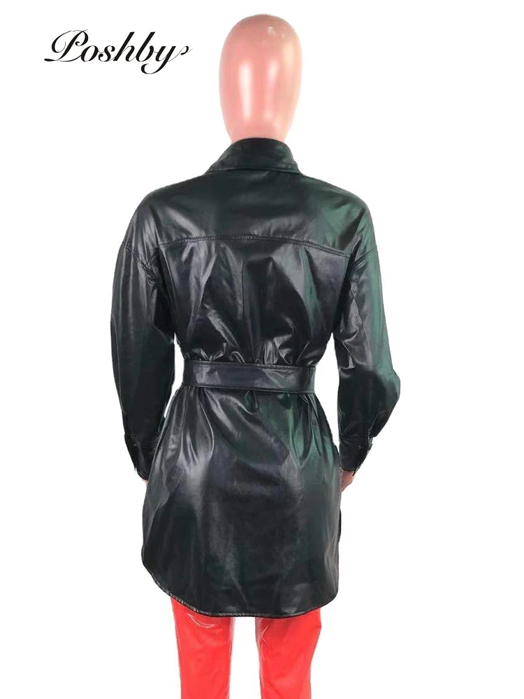 

Poshby PU Soft Leather Breaker Coats Long Sleeve Turn Down Collar Sashed High Waist Overcoat Winter Thicken Sexy Club Mini Dress