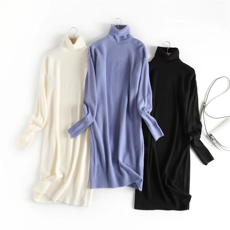 Вязаное платье с высоким воротником мягкое зимнее длинное платье-свитер 59497-LH |