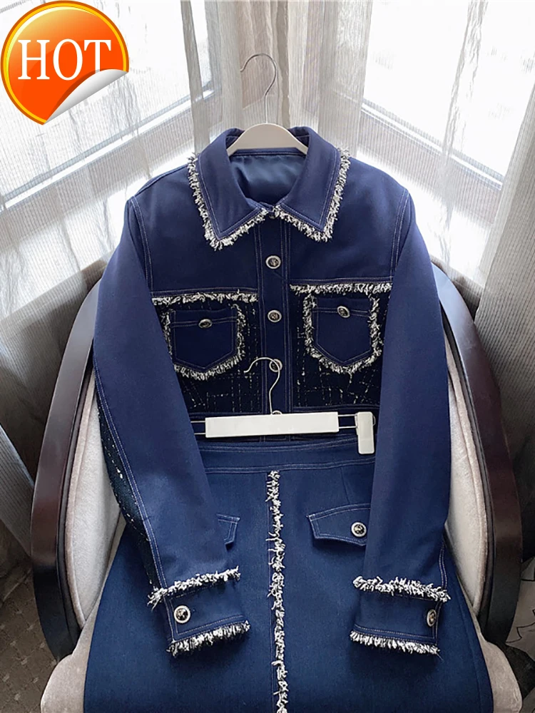 

Blue denim fashion suit women 2020 autumn new temperament celebrity style coat skirt two piece set
