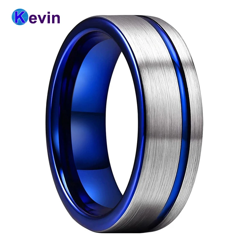 

Blue Engagement Ring Men Women Tungsten Wedding Ring With Offset Groove And Comfort Fit