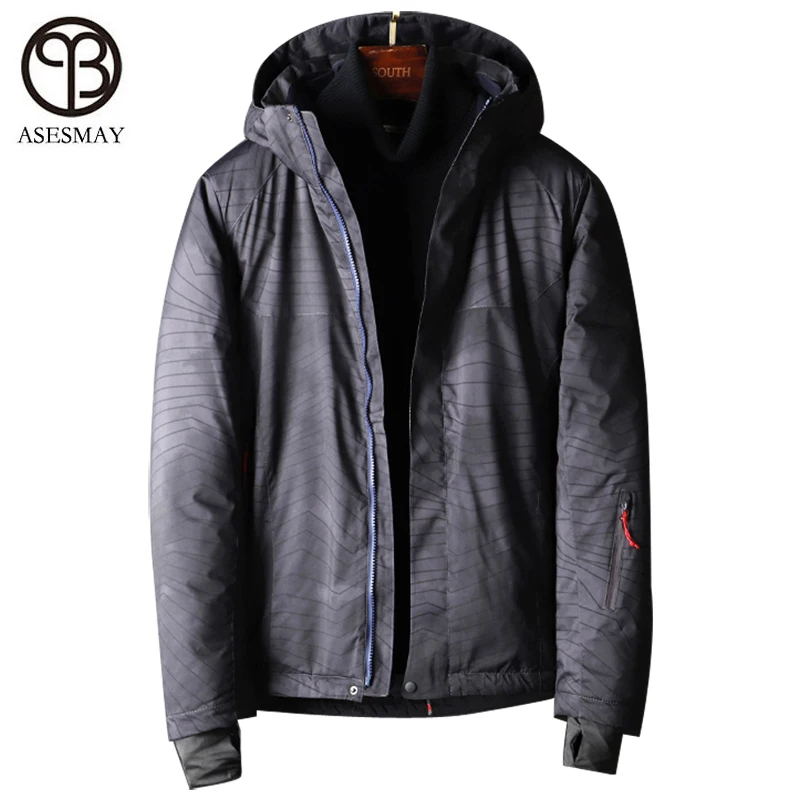 Мужской теплый пуховик с капюшоном повседневный на 2019 белом утином пуху принтом