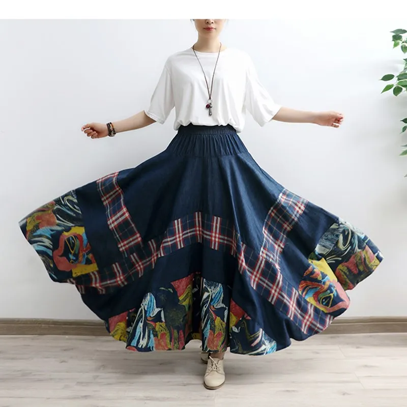 

TIYIHAILEY Free Shipping 2021 Long Maxi A-line Women Elastic Waist Spring And Autumn Denim Vintage Print Big Hem Jeans Skirts