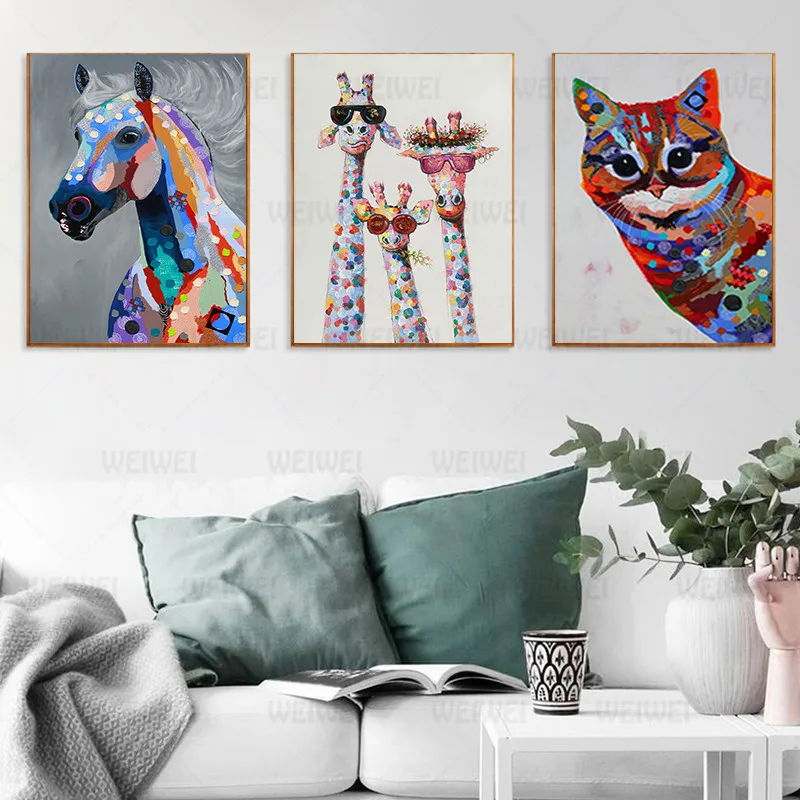

Colorful Cute Giraffe and Horse and Cat Canvas Painting Cartoon Animal Posters and Prints Wall Pictures for Living Room Decor