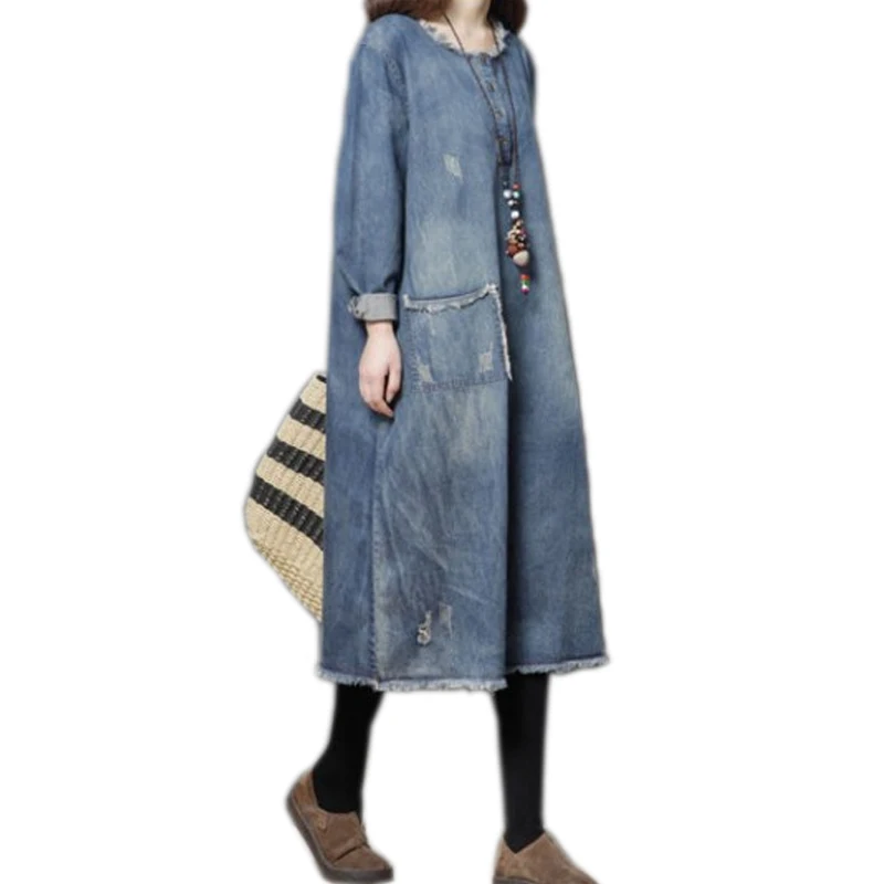 #0190 осень трапециевидной формы с круглым вырезом платье из джинсовой ткани для