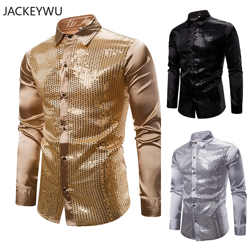 Блестящая шелковая рубашка с золотыми блестками для мужчин блестящие вечерние