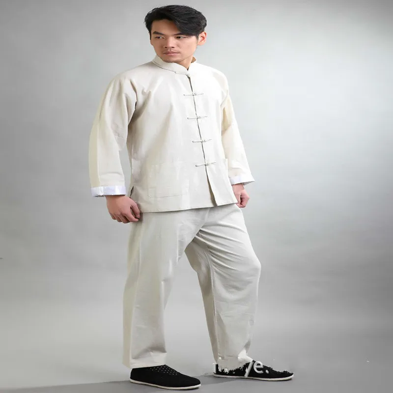 Мужской костюм Тан из хлопка и льна с длинным рукавом мужская тренировочная