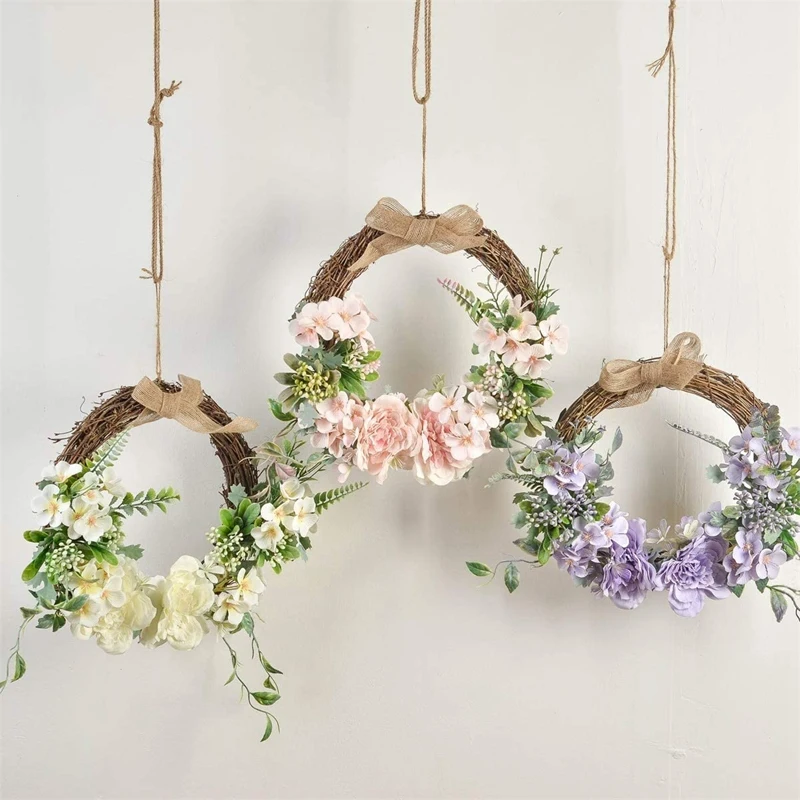 

Floral Hoop Wreath Set of 3 Artificial Rose Flower with Greenery Leaf Vine Wreaths Hanging Hoop Wreaths for Front Door