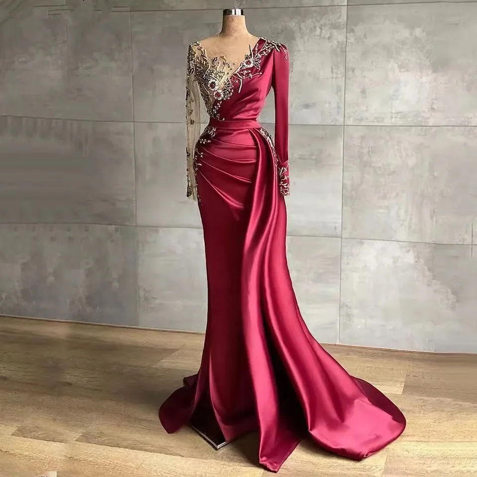 

Burgundy Satin Evening Gowns For Women Mermaid Long Sleeve Dubai Wedding Party Dresses Elegant Beaded Muslim